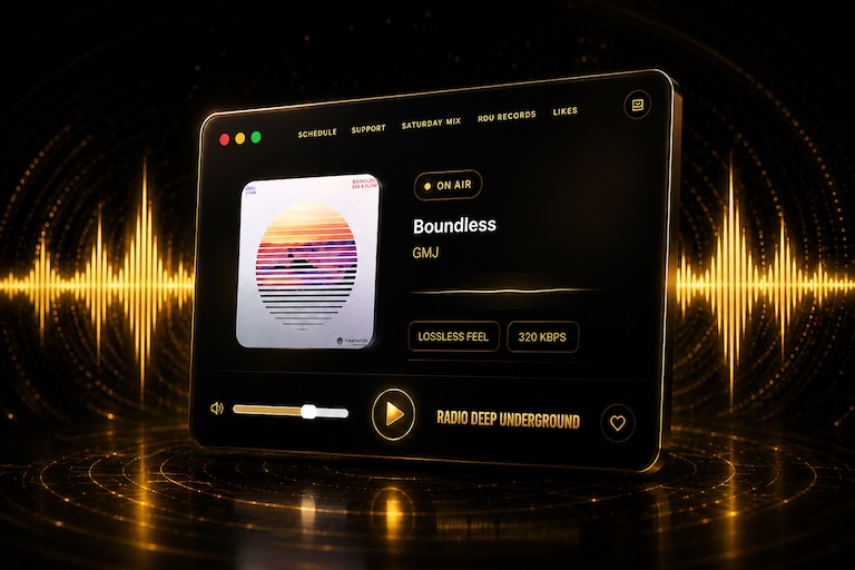 Radio Deep Underground macOS player floating in a black and gold waveform scene