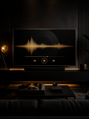 Radio Deep Underground playing on Apple TV in a black and gold living room.
