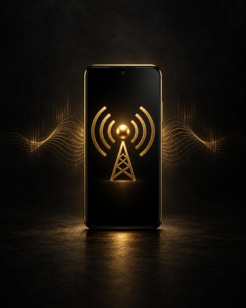 Black smartphone with a gold radio broadcast symbol and subtle audio waves.