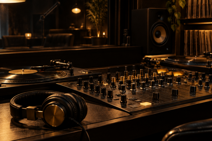 Dark underground radio studio with a softly lit DJ booth, turntables and headphones